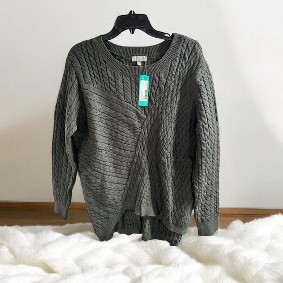 Evolution by Cyrus Aneesa Cable Knit Asymmetric Hem Olive Green Tunic Sweater XL - Picture 1 of 7